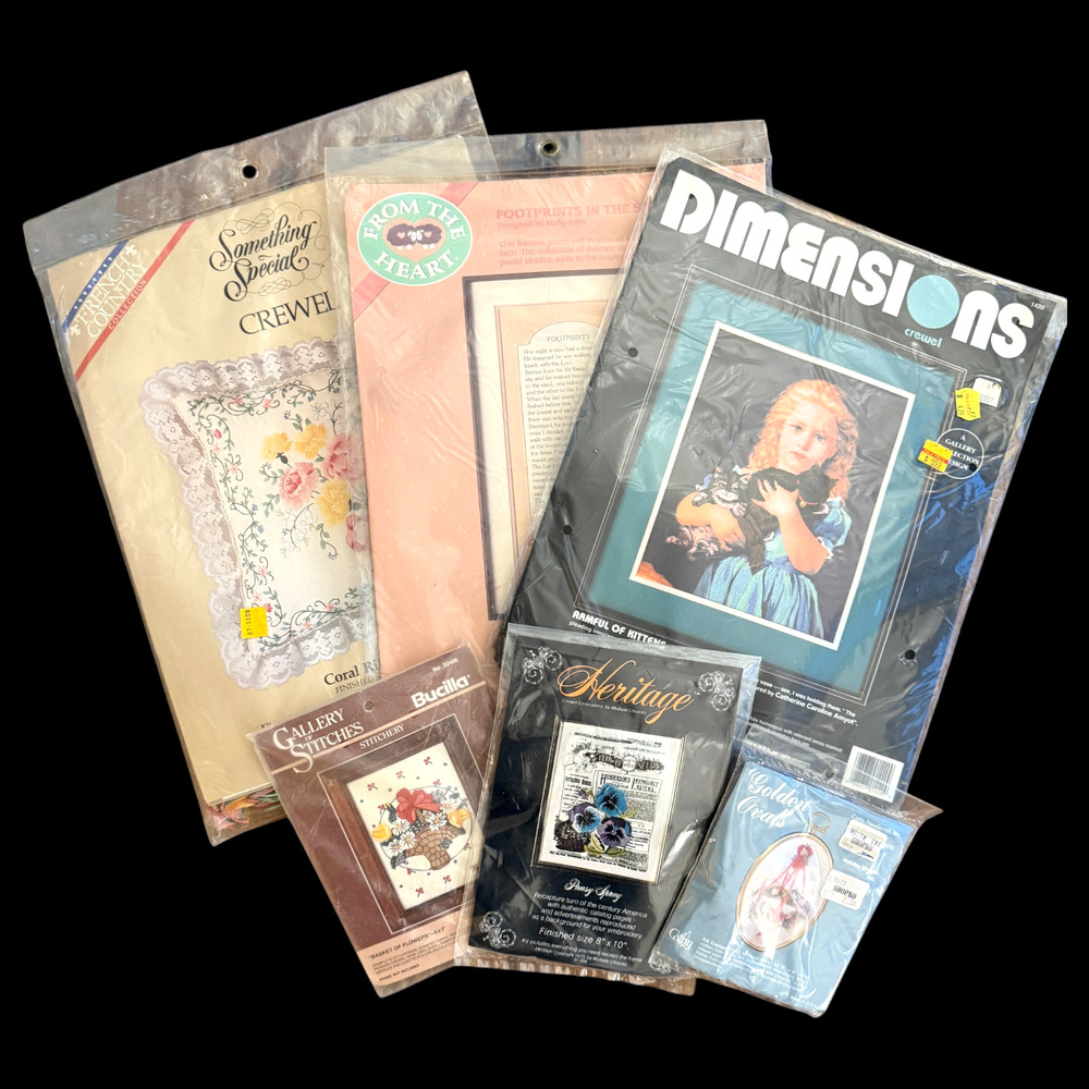 Lot of 6 Vintage Crewel Kits Dimensions Bucilla Candamar Pillow Cat NIP Sealed